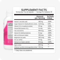 Supplement Facts panel for Conceive Plus Birth Control Cleanse, listing daily serving of 2 capsules with ingredients like Vitamin C, B6, B12, D3, E, Folic Acid, Zinc, Magnesium, Selenium, Ashwagandha, and Agnus Castus. Designed to support detox and hormonal balance after stopping birth control.