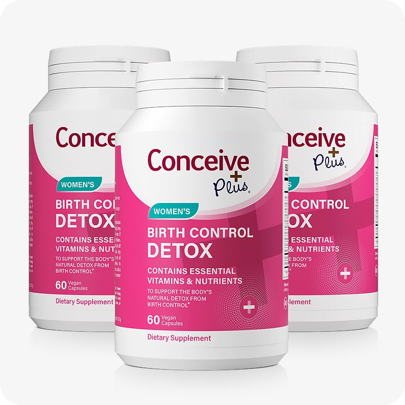 Conceive Plus Birth Control Cleanse supplement three-pack, each bottle labeled with pink and white colors. 60 vegan capsules formulated to support body’s natural detox from birth control while delivering essential vitamins and nutrients. Ideal for hormonal balance and post-contraceptive wellness.