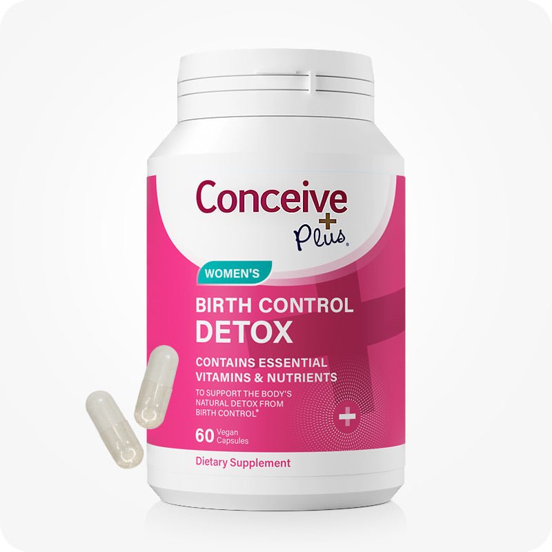 Conceive Plus Birth Control Cleanse supplement bottle for women, featuring 60 vegan capsules. The bold pink and white label highlights key benefits: supports the body’s natural detox from birth control and provides essential vitamins and nutrients. Two translucent capsules are shown beside the bottle. Dietary supplement for hormonal balance and reproductive wellness.