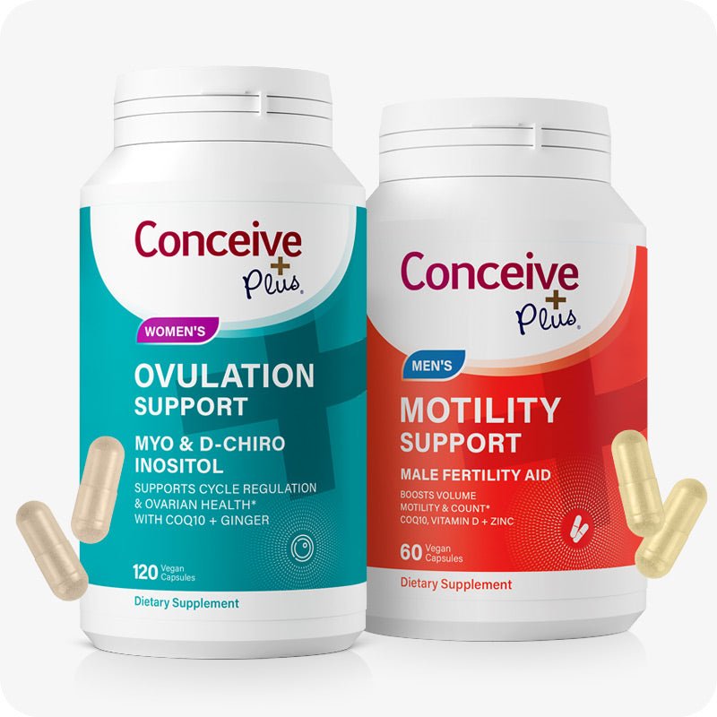 The image of Conceive Plus Motility and Ovulation Support Bundle on a white background. The image of Conceive Plus Ovulation Support bottle is on the left side of the frame with two capsules outside the bottle on the lower left corner of the bottle. The image of Conceive Plus Motility Support bottle is on the right side of the frame with two capsules outside of the bottle on the lower right corner of the bottle. Both bottles are placed side by side.
