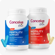 The image of Conceive Plus Motility Sperm Booster Bundle on a white background. The bundle include Conceive Plus Men Fertility Support and Conceive Plus Motility Support and the frame include both of these bottles. Conceive Plus Motility Support bottle on the right side with two capsules out of the bottle on the lower right corner of the bottle and Conceive Plus Men Fertility Support bottle on the left side of the frame with two capsules out of the bottle on the lower left corner of the bottle.