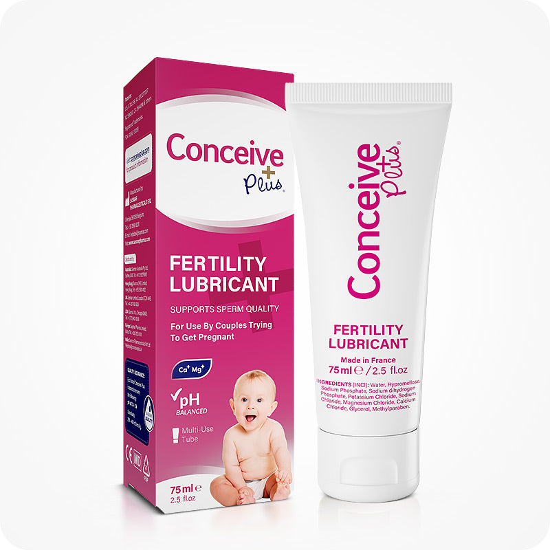 The image of a pack and tube of Conceive Plus Fertility Lubricant 75ml   on a white background. The tube is on the right side and the box packing is on the left side.