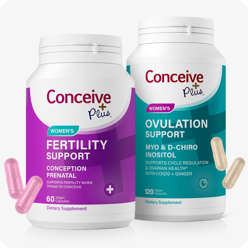 The image of Conceive Plus Ovulation Bundle Fertility Inositol Supplements on a white background. The Conceive Plus Women Fertility Support bottle on the left side of the frame with two capsules out of the bottle on the lower left corner of the bottle. The Conceive Plus Ovulation Support bottle on the right side of the frame with two capsules out of the bottle on the lower right corner of the bottle. The two bottle are placed side by side
