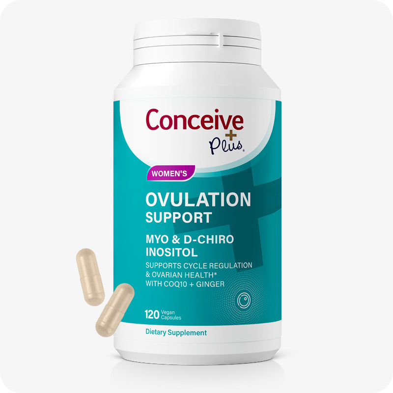 Image showing Conceive Plus Ovulation Support US front side view of the bottle / pack on a white background with two capsules / pills on the lower left corner of the bottle.