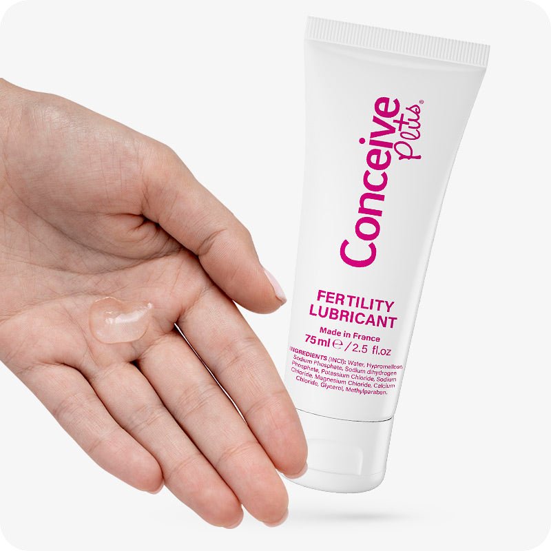 For Max Fertility Lubricant Bundle the image of a tube of Conceive Plus Fertility Lubricant 75ml on the right side of the frame on a white background and a female hand on the left side of the frame with a colorless lube on the palm of the hand.