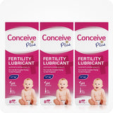 For Max Fertility Lubricant Bundle the front view image of the boxes of three Conceive Plus Fertility Lubricant 8x4g Pre-filled Applicators on a white background. The three boxes are placed side by side covering the frame of the image.