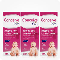 For Max Fertility Lubricant Bundle the front view image of the boxes of three Conceive Plus Fertility Lubricant 8x4g Pre-filled Applicators on a white background. The three boxes are placed side by side covering the frame of the image.