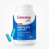 For Men's Fertility Support Bundle the image of the front side of a Conceive Plus Men Fertility Support bottle or pack on a white background. There are also two capsules on the lower left corner of the bottle