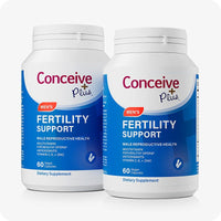 For Men's Fertility Support Bundle the image of two Conceive Plus Men Fertility Support Bottles or packs on a white background. The bottles are placed side by side facing front.