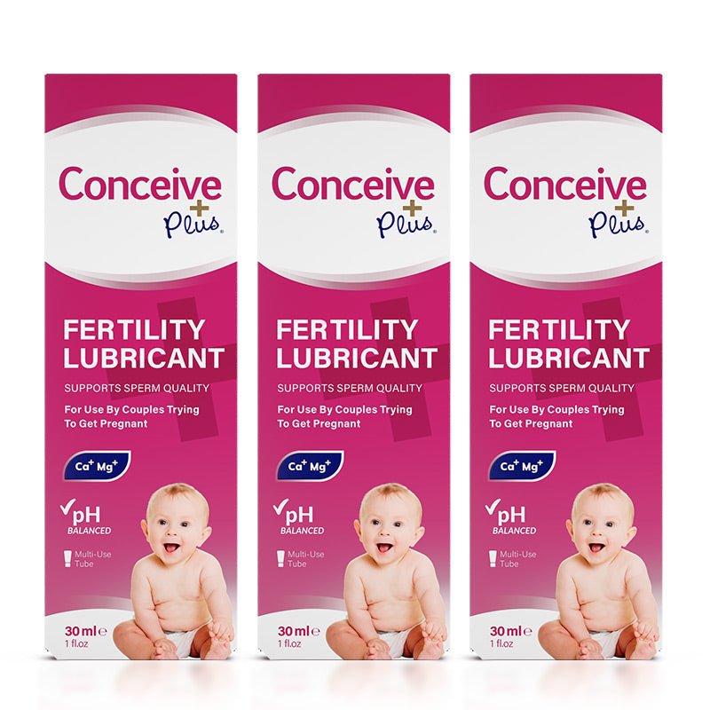 For Men's Fertility Support Bundle the image of three boxes of Conceive Plus Fertility Lubricant 30ml Tube on a white background. The boxes are placed side by side and have their front sides facing the the camera and the boxes are placed in the center of the frame.