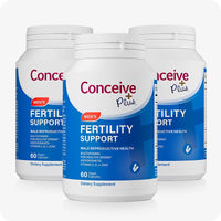 For Men's Fertility Support Bundle the image of three Conceive Plus Men Fertility Support placed on a white background. The front side of the bottles is visible in the frame in a triangle shape with one bottle in front and two bottles in the background. The front bottle is covering half of each bottle of the background.
