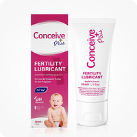For Men's Fertility Support Bundle the image of the box and tube of Conceive Plus Fertility Lubricant 30ml on a white background. The box is placed on the left side of the frame while the tube of the lubricant is placed on the right side of the frame. The front side of both the box and the lubricant tube are towards the camera.