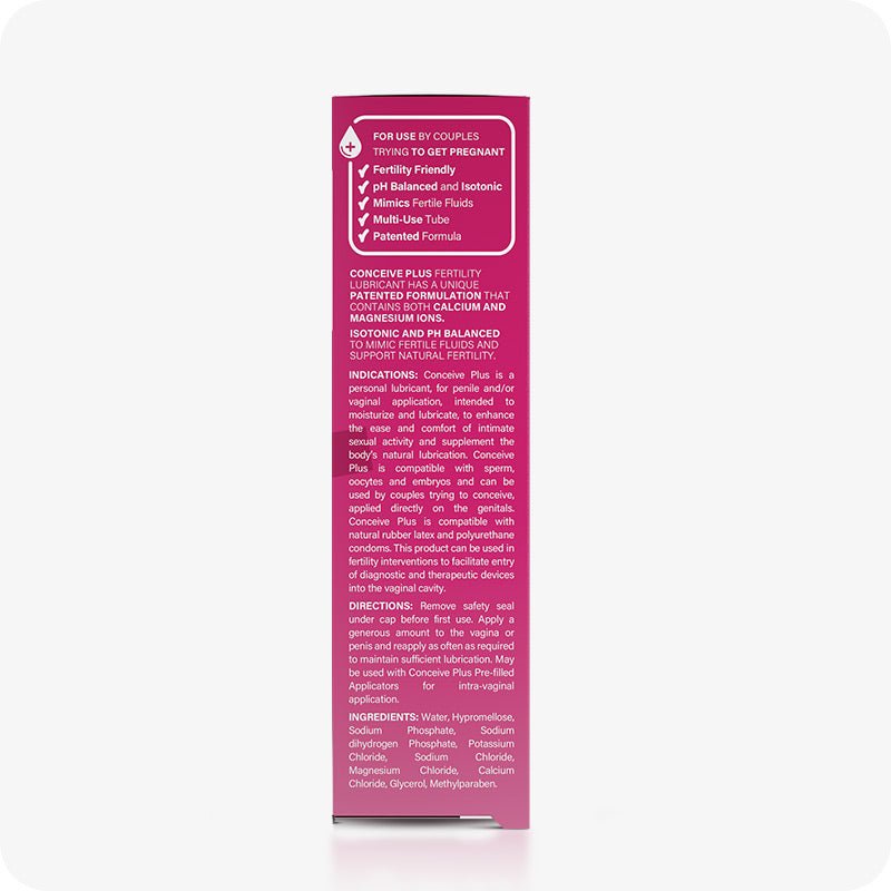 For Men's Fertility Support Bundle the side view image of the box of Conceive Plus Fertility Lubricant 30ml Tube on a white background. The side of the box contains information about the qualities of the lubricant which makes it good to use for couples trying to conceive. Information about indications, directions of use and ingredients is also written on the box. The box is placed at the center of the frame.