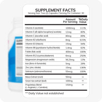 For Men's Fertility Support Bundle the image of a Supplement Facts table on the white background. The ingredients are written on the left side of the table and a column of Amount Per Serving figures and an other column with % Daily Value figures of the right. A blur and unfocused bottle of Men's fertility support half visible in the background