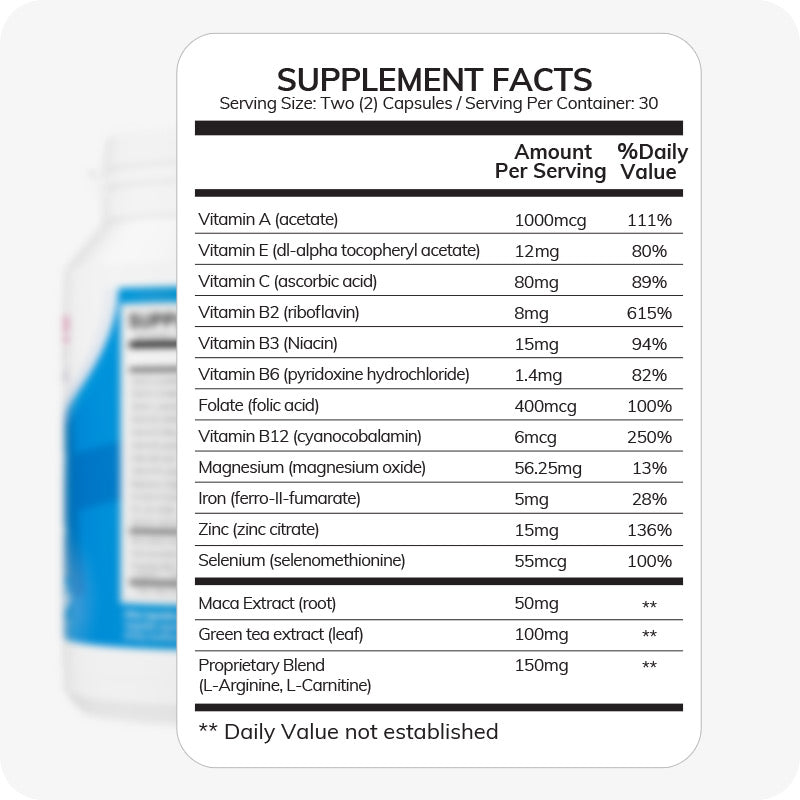 For Men's Fertility Support Bundle the image of a Supplement Facts table on the white background. The ingredients are written on the left side of the table and a column of Amount Per Serving figures and an other column with % Daily Value figures of the right. A blur and unfocused bottle of Men's fertility support half visible in the background