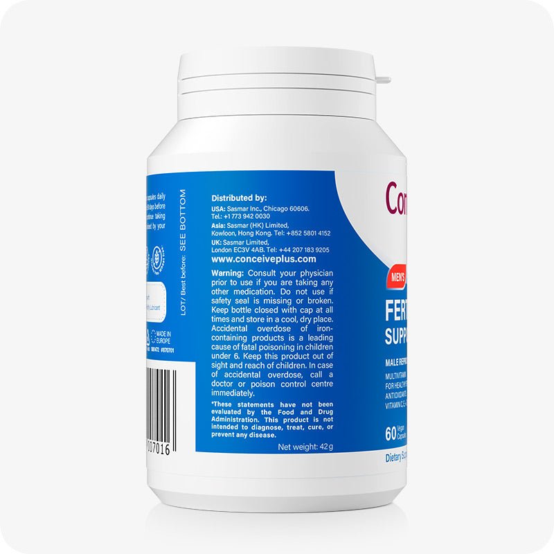 For Men's Fertility Support Bundle the image of the side view of a Conceive Plus Men Fertility Support US bottle or pack on a white background with information about distributor and usage warnings written on the product label. The net weight is also written of the lower side of the product label