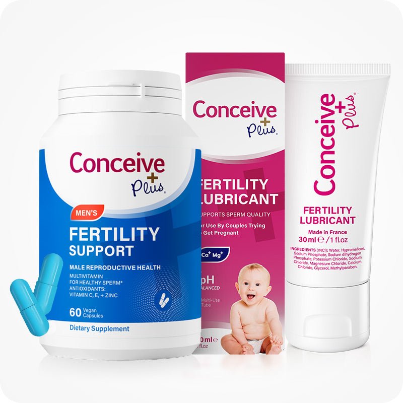 The image of Conceive Plus Men's Fertility Support Bundle on a white background. Image of Conceive Plus Men's Fertility Support bottle on the left side of the frame with two capsules out of the bottle on the lower left corner of the frame. Conceive Plus Fertility Lubricant Tube 30ml box on the right side of the frame and the tube of conceive Plus Fertility Lubricant on the extreme right of the frame.