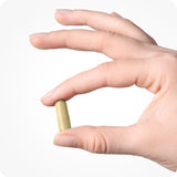 Close-up of a single Conceive Plus Morning Sickness Relief capsule held between thumb and index finger. Capsule is light yellow and vegan-friendly, designed to help ease nausea during pregnancy.
