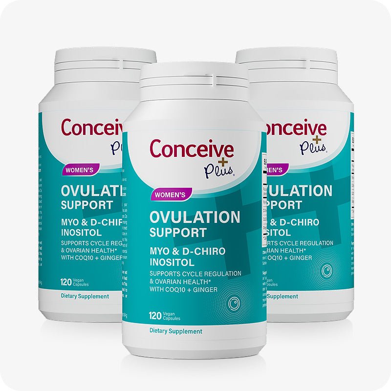 The image of three packs or bottles of Conceive Plus Ovulation Support US on a white background. The packs or bottles are placed in a triangle with one bottle in front and two bottles behind and the front bottle is covering half of each bottles of behind. The bottles are placed facing front