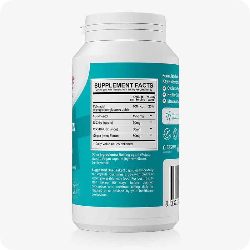 The image is showing side view of the Conceive Plus Ovulation Support US bottle / pack on a white background with Supplement Facts written in a white table as will as other ingredients and information written about suggested use in the lower half of the product label outside the table