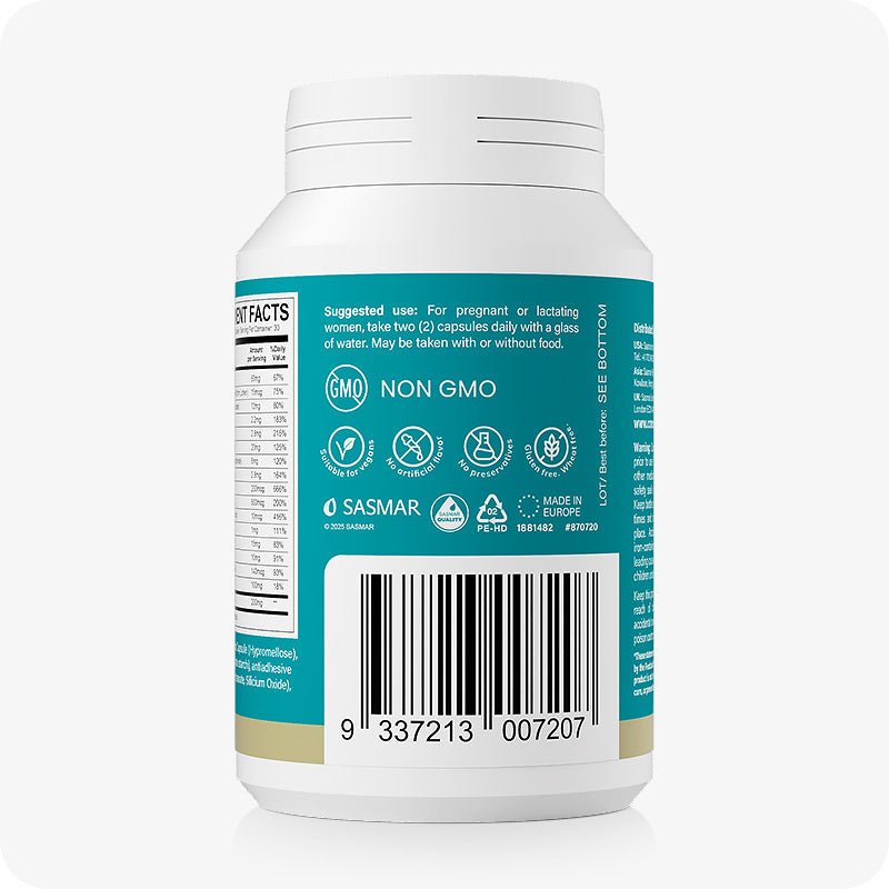 Back label of Conceive Plus Prenatal with DHA bottle showing supplement barcode and printed icons for non-GMO, preservative-free, vegan-safe, and made in Europe quality standards.
