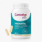Conceive Plus Prenatal with DHA bottle featuring 60 vegan capsules. Teal and white label highlights essential nutrients including folate, choline, and DHA for pregnancy support. Two beige capsules are shown beside the bottle.