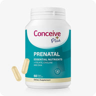 Conceive Plus Prenatal with DHA bottle featuring 60 vegan capsules. Teal and white label highlights essential nutrients including folate, choline, and DHA for pregnancy support. Two beige capsules are shown beside the bottle.