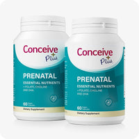 Two bottles of Conceive Plus Prenatal with DHA displayed side by side, labeled with essential nutrients including folate, choline, and DHA for pregnancy support.