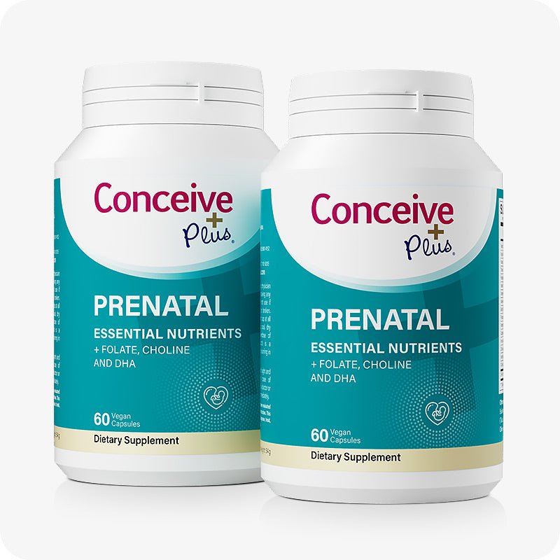Two bottles of Conceive Plus Prenatal with DHA displayed side by side, labeled with essential nutrients including folate, choline, and DHA for pregnancy support.