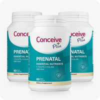 Three bottles of Conceive Plus Prenatal with DHA featuring essential nutrients including folate, choline, and DHA to support pregnancy wellness and prenatal care.