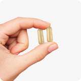 Hand holding two beige Conceive Plus Prenatal with DHA capsules, showing their compact vegan form for daily pregnancy nutrition support.