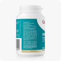 Side view of Conceive Plus Prenatal with DHA bottle showing distribution details for USA, UK, and Asia, alongside usage warnings and FDA disclaimer in white text on a teal label. URL of website and net weight 54g is also mentioned.