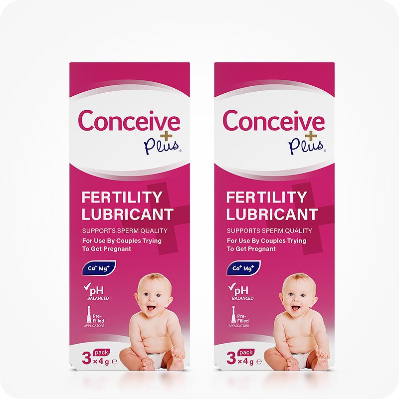 For Try Me Size - Fertility Lubricant Bundle the image of two boxes of Conceive Plus Fertility Lubricant 3x4g Pre-filled Applicators placed side by side on a white background. The front of the boxes is towards the camera and they are placed in the middle of the frame.