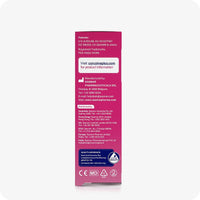 For Try Me Size - Fertility Lubricant Bundle the back view image of the box of Conceive Plus Fertility Lubricant 3x4g Pre-filled Applicator on a white background. The side of the box contains information about Patents, website address, Manufactured by, and distributed by. There is also a small blue box at the bottom of the side view box stating information about quality assurance. The image of the box is placed in the center of the frame.