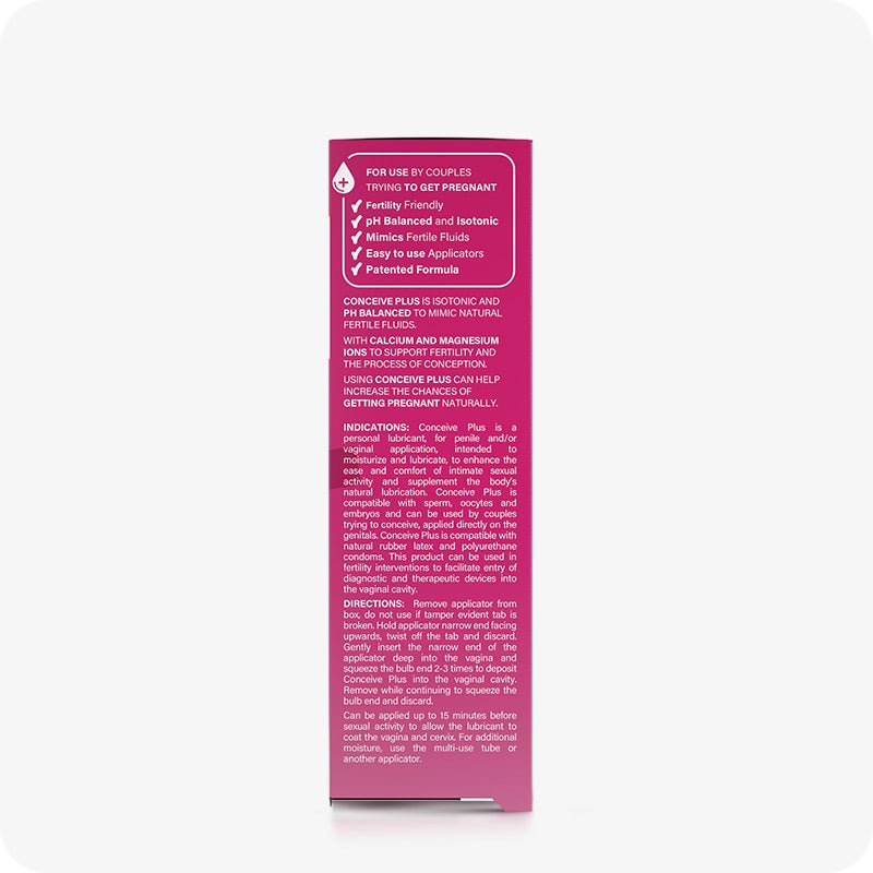 For Try Me Size - Fertility Lubricant Bundle the side view image of the box of Conceive Plus Fertility Lubricant 3x4g Pre-filled Lubricants on a white background. The side of the box contains information about the qualities that makes it best for using by couple trying to conceive. It also contains information about indications and directions to use. The box of the product is placed in the center of the frame