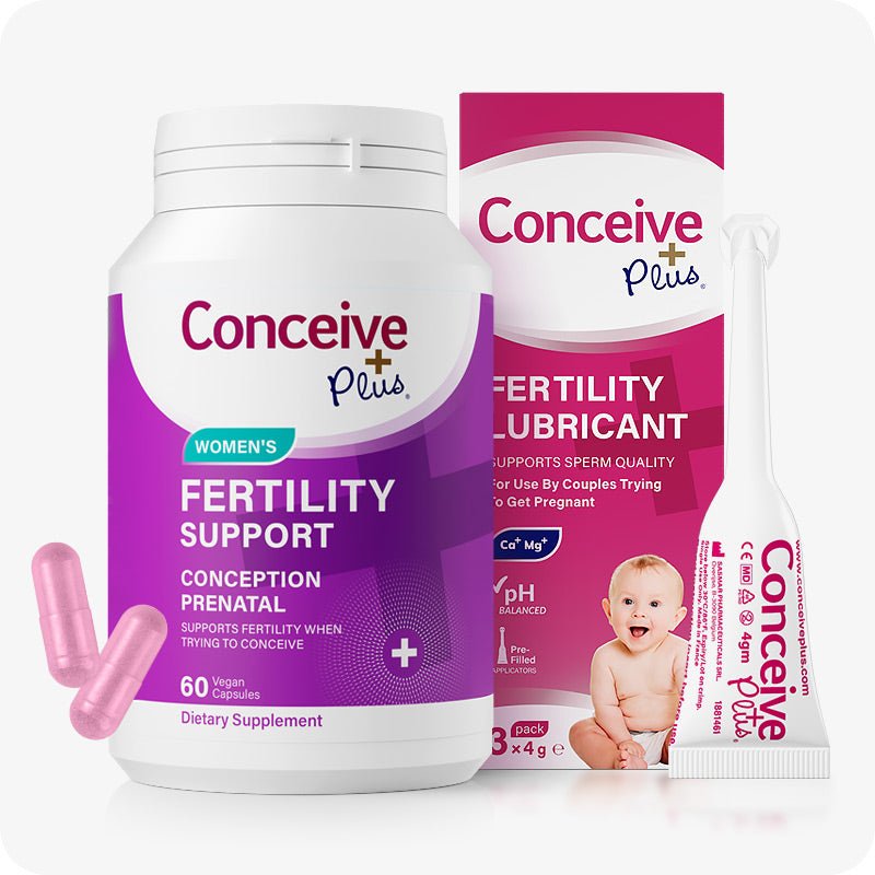The image of Conceive Plus Women's Fertility Support Bundle on a white background. Conceive Plus Women Fertility Support Bottle is on the left side of the frame with two capsules out of the bottle on the lower left corner of the bottle Conceive Plus Fertility Lubricant Applicators box is on the right side of the frame with one applicator on the right side of the box.