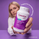A woman holds a bottle of Conceive Plus Fertility Support dietary supplement against a solid purple background. The bottle is white with a purple label, and the text 'Prepare For Conception Naturally' is written in a curved white font above her head.