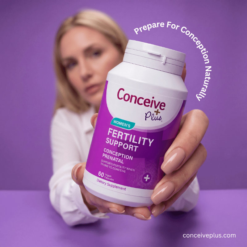 A woman holds a bottle of Conceive Plus Fertility Support dietary supplement against a solid purple background. The bottle is white with a purple label, and the text 'Prepare For Conception Naturally' is written in a curved white font above her head.